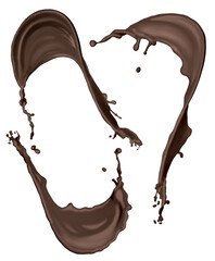 Set with splashes of melted chocolate on white background