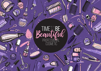 Beauty salon, manicure, makeup, hairdressing background seamless pattern. Fashion woman accessory proffessional tools icon logo set isolated vector on ultra violet backdrop