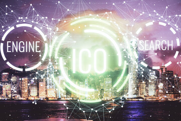 Multi exposure of cryptocurrency theme hologram drawing and city veiw background. Concept of...