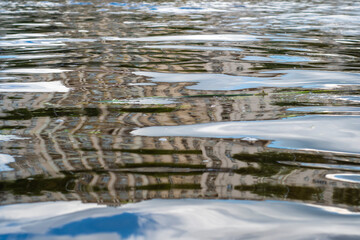 The background of the water surface on the river with a highly distorted reflection of the old building. Large ripples in river water.