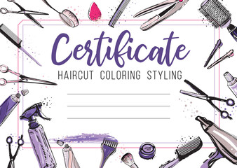 Hair cut, hairdressing business card, certificate or gift voucher, flyer. Beautiful illustration in watercolor style on white background