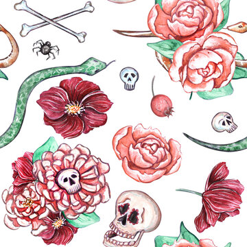 Watercolor seamless pattern on Halloween theme.Great design with skulls, bones, pumpkin ghosts, snakes, spiders, potion, candies, bats. Has elements of Day of the Dead - Día de los Muertos celebration