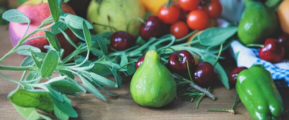 fruits and vegetables composition - natural food concept - rustic kitchen