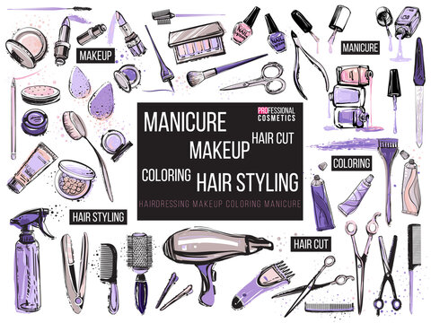 Hair cut, manicure, makeup, hair coloring, hairdressing, styling professional beauty tools and equipment big set. Beautiful fashion illustration in watercolor style isolated on white background