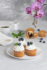 Cupcakes with cream and blueberries on a gray background.