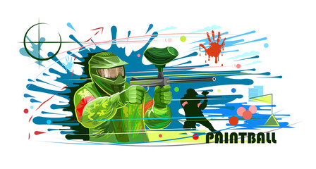 Fototapeta premium Gracz paintball w wektorze maski. Bitwa drużynowa. Farba do piłek. Broń w walce. Plamy i odpryski. Baner na białą, lekką koszulkę, reklamowy. Drużyny paintballowe rywalizują z pistoletami. Klub Sportowy.