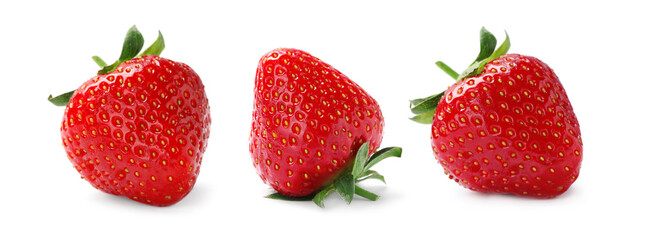Set with delicious sweet strawberries on white background. Banner design
