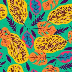 Seamless pattern with tropical leaves on green background. Vector graphics.