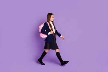 Fototapeta na wymiar Full length body size profile side view of her she attractive cheerful cheery content schoolchild going back visiting school autumn fall isolated violet lilac purple pastel color background