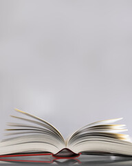 Open book with red cover and narrow depth of field on light background. Copy space above the book, vertical image