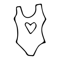 Doodle drawing of a swimsuit with a heart, black line on a white background isolated, summer theme, stock vector illustration for design and decor