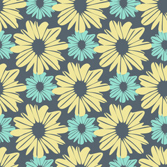 Pastel daisy flowers seamless pattern in yellow and blue colors on grey background.