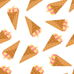 Isolated random seamless pattern with ice cream on white background. Food tasty backdrop.