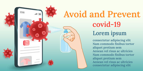 sanitize cleaning for 75 percent alcohol,  spraying on mobile or smartphone. hygiene cleaning for avoid and prevent covid-19 or coronavirus.