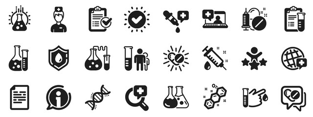 Drug testing, scientific discovery and disease prevention signs. Medical healthcare, doctor icons. Chemical formula, medical doctor research, chemistry testing lab icons. Vector - obrazy, fototapety, plakaty