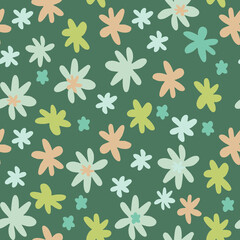 Seamless botanic pattern with daisy flowers in pink,blue and yellow colors. Dark pastel green background.
