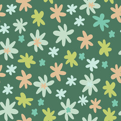 Obraz premium Seamless botanic pattern with daisy flowers in pink,blue and yellow colors. Dark pastel green background.