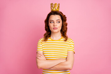Close-up portrait of her she nice-looking attractive lovely pretty rich arrogant content wavy-haired girl folded arms wearing exclusive crown isolated over pink pastel color background - obrazy, fototapety, plakaty