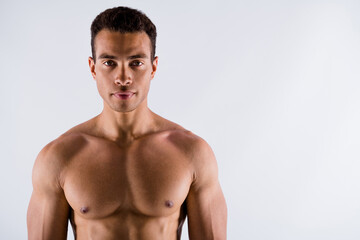 Fototapeta premium Close-up portrait of his he nice attractive content serious strong tanned guy working out crossfit exercise health care body care healthy life isolated over light white pastel color background