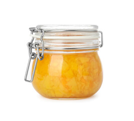Jar of apricot jam isolated on white