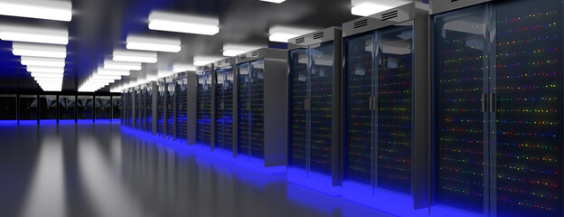 Fototapeta premium Servers. Server data center. Backup, hosting, mainframe, farm and computer rack with storage information. 3d render