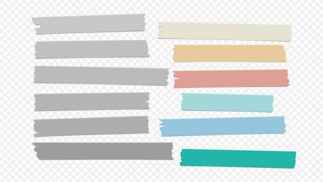 Animation of colorful different size adhesive, sticky, masking, duct tape, paper pieces are on squared and black background