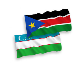 Flags of Republic of South Sudan and Uzbekistan on a white background