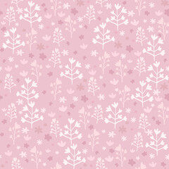 Pink seamless pattern with white floral little elements. Stylized hand drawn art work.