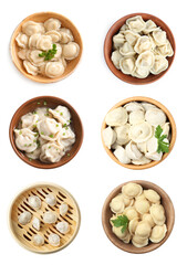 Set of tasty dumplings isolated on white, top view