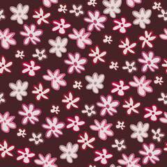 Fototapeta na wymiar Floral seamless doodle pattern with daisy flowers. Botanic silhouettes with pink contour on burgundy background.