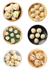 Set of tasty dumplings isolated on white, top view