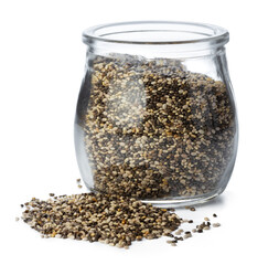 Jar with chia seeds isolated on white
