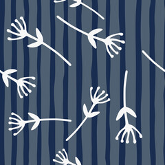 Simple naive seamless doodle pattern with branch flowers. Random white botanic ornament on navy blue stripped background.