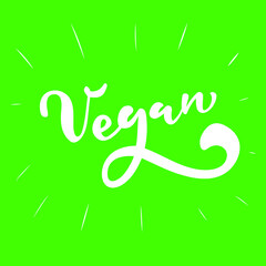 Laconic Vector lettering - inscription Vegan. For window dressing, for stickers, badges, typography, posters, cards, banners, for printing on packages. Green background, white letters. Vector епс