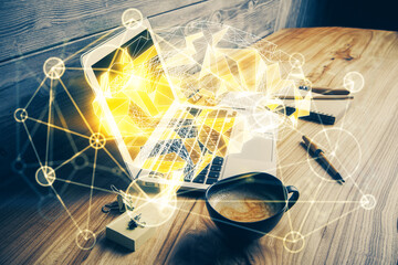 Double exposure of desktop computer and human brain drawing hologram. Ai concept.