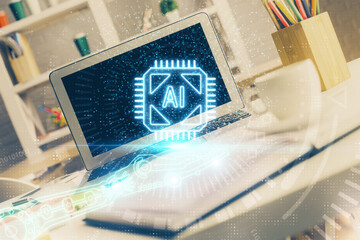 Double exposure of desktop with personal computer on background and tech theme drawing. Concept of data analysis.