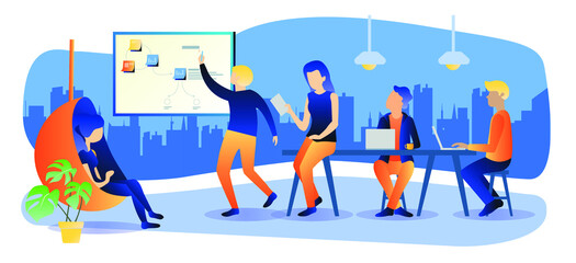 Coworking space with creative people sitting at the table, writing and using laptops. Office team thinking idea, startup, time management, planning and strategy. Flat design style vector illustration
