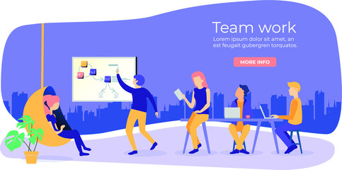 Coworking space with creative people sitting at the table, writing and using laptops. Office team thinking idea, startup, time management, planning and strategy. Flat design style vector illustration
