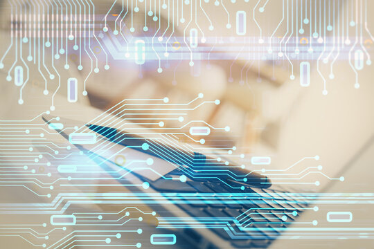 Multi exposure of desktop with personal computer and tech theme drawing. Concept of Bigdata. - Powered by Adobe