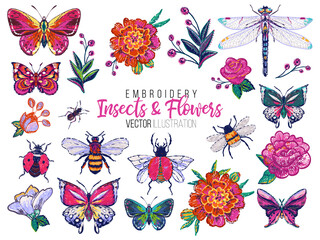 Set of insects and flowers embroidery elements: marigold rose, dragonfly, ant, butterfly, honey bee, ladybag, flower bug. Fashion patch watercolor style illustration isolated on white background.