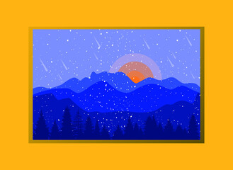 Illustration in material and flat style. Dark blue mountains silhouette, orange sun and faaling stars with snow. Nature illustration with Happy holidays text
