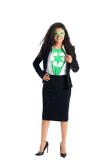 Woman dressed as eco superhero on white background