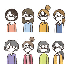 Fototapeta premium マスクをしている女性のイラストセット