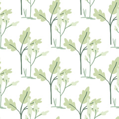 Floral forest isolated silhouettes seamless pattern. White background with green and blue flowers silhouettes.