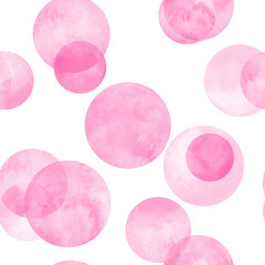 Circles pink watercolor seamless pattern. Abstract watercolour background with color circles on white