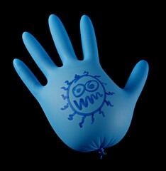 Blue inflated surgical latex glove with drawn virus face isolated on black background, top view