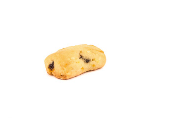 Freshly baked homemade raisin cookies isolated on a white background.