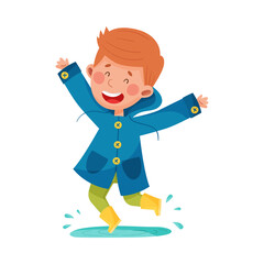 Joyful Boy Character in Rubber Boots and Raincoat Jumping in Puddle Vector Illustration