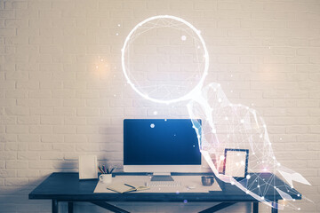 Desktop computer background in office and start up theme hologram drawing. Double exposure. Startup concept.
