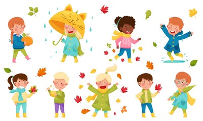 Children Characters Walking with Umbrella, Throwing Autumn Leaves and Picking Mushrooms Vector Illustration Set